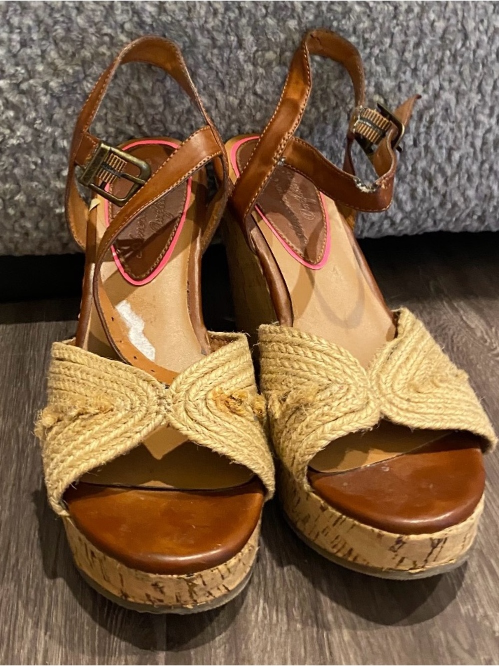 American Eagle Outfitters Tan Wedge Espadrille Sandals with Brown Leather Straps